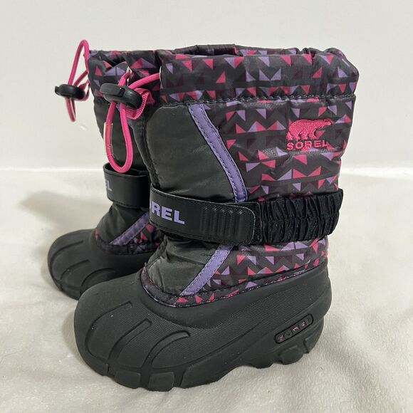 SOREL Girls Snow Boots Size 9 Toddler Black Pink Flurry Waterproof Insulated - Picture 1 of 7